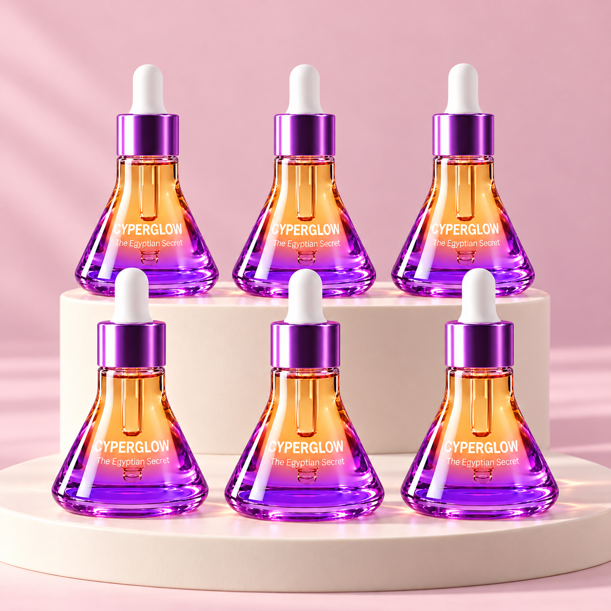 Six closed CyperGlow serum bottles