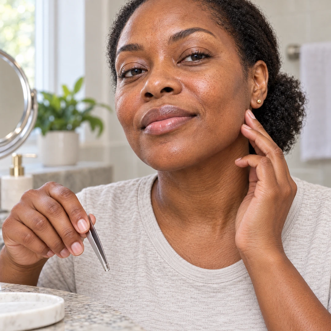 Woman lowering tweezers away from chin