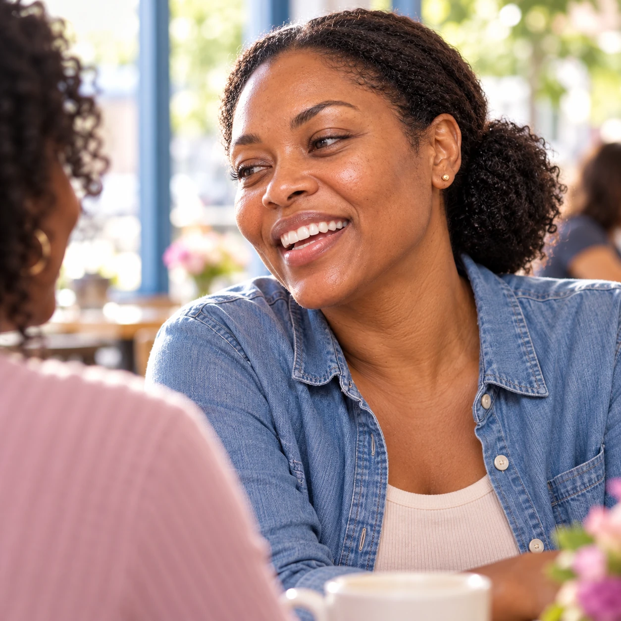 Illustrative cafe photograph: woman around 42 enjoying close conversation