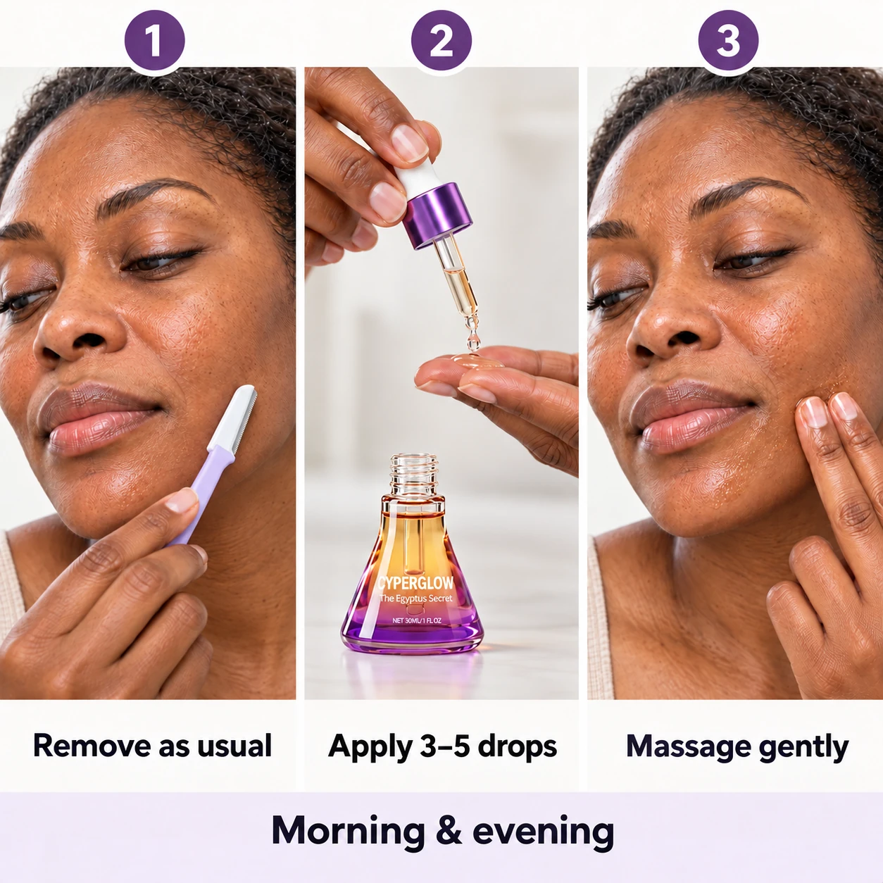 Remove as usual, apply 3–5 drops, massage gently; morning and evening